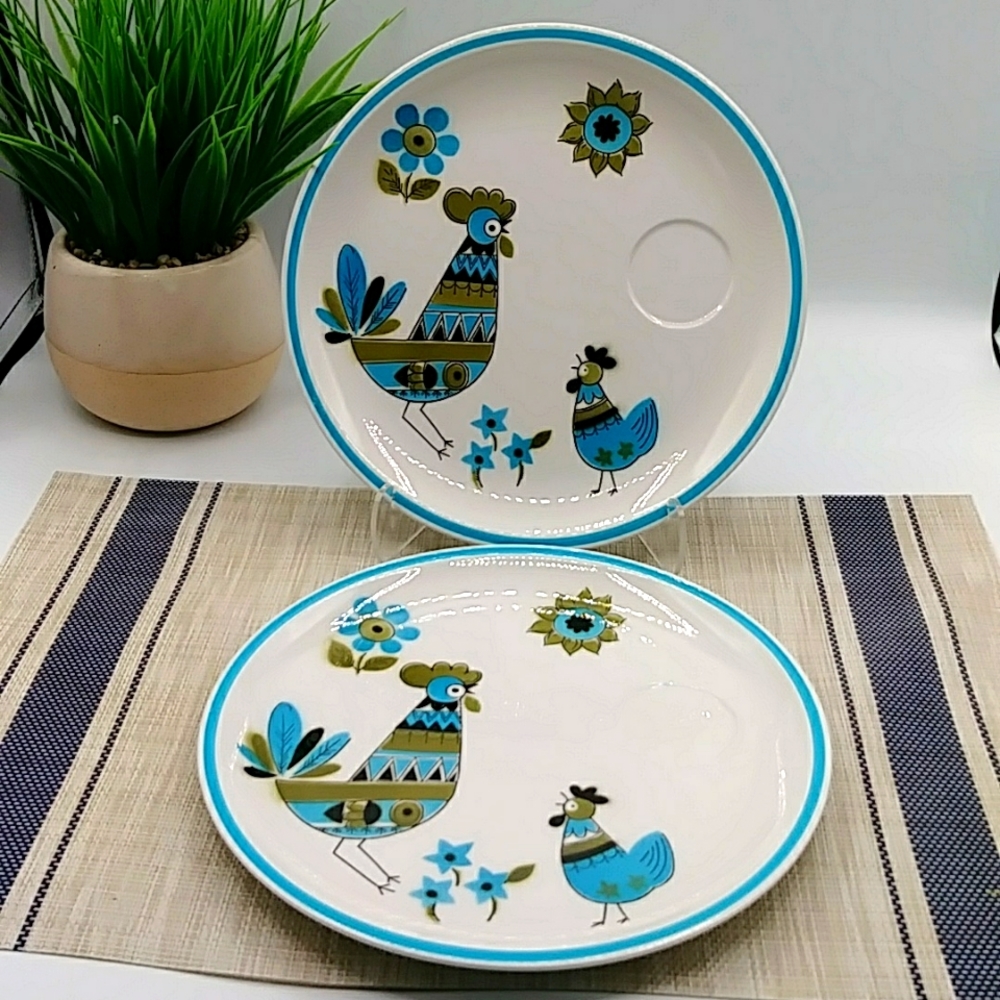 2 Blue Rooster & Chick Plates. MCM By Ceramic Guild, Vintage